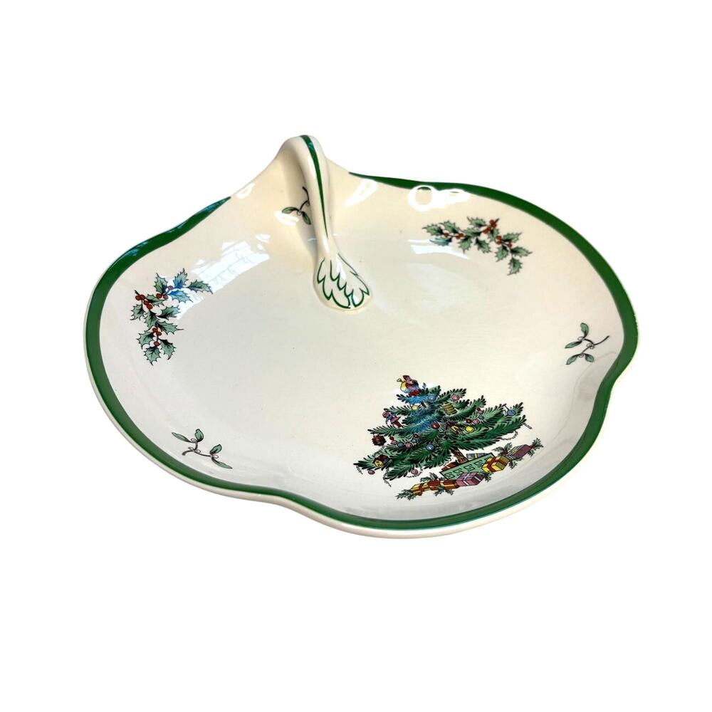 Vintage Spode England Christmas Tree One Handle Candy Serving Dish Tray